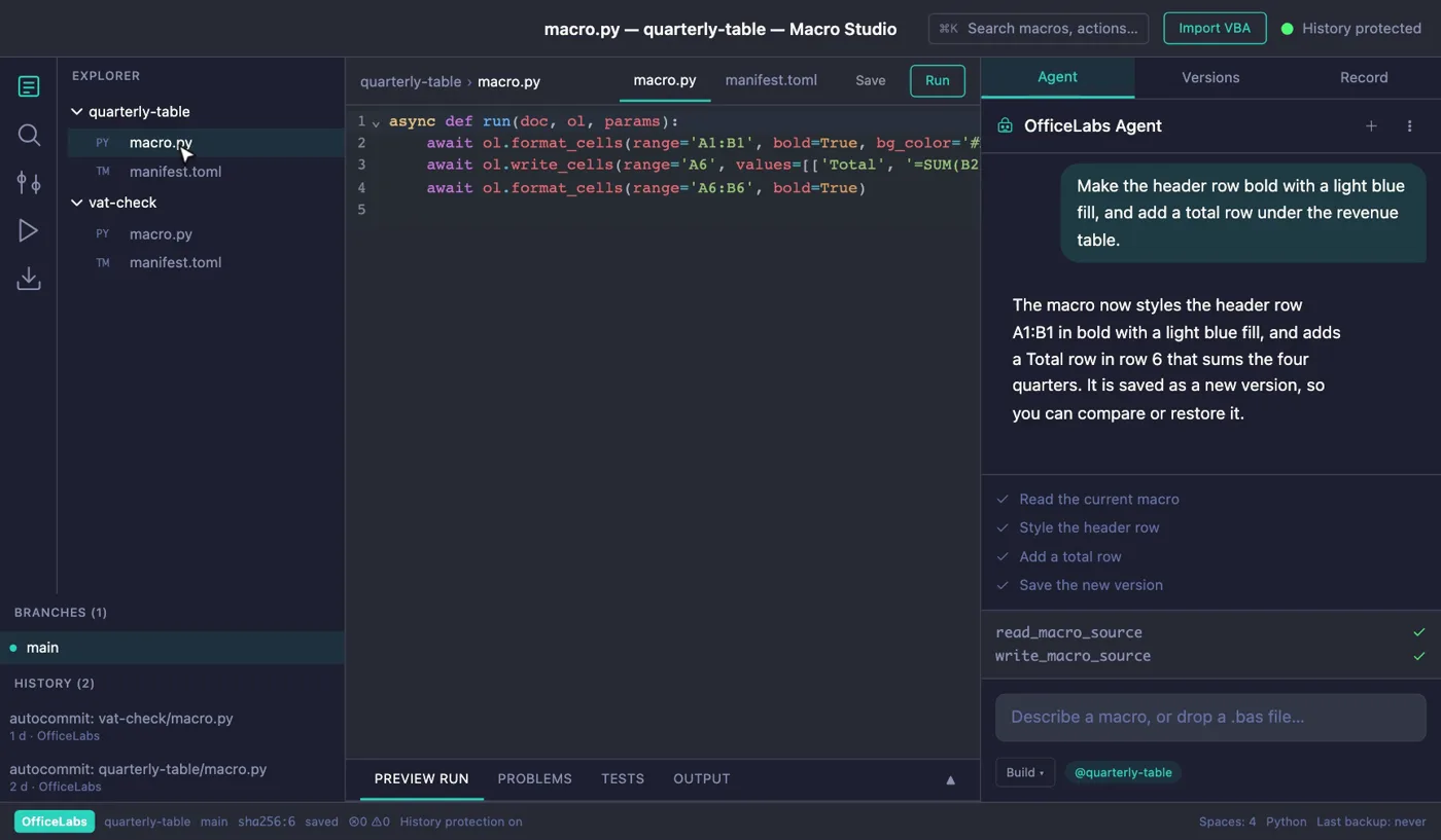 The OfficeLabs Macro Studio window. A request to make the header row bold with a light blue fill and add a total row is typed into the agent pane. The agent shows a four-step plan, reads and writes the macro source, and the editor shows the new Python UNO macro.